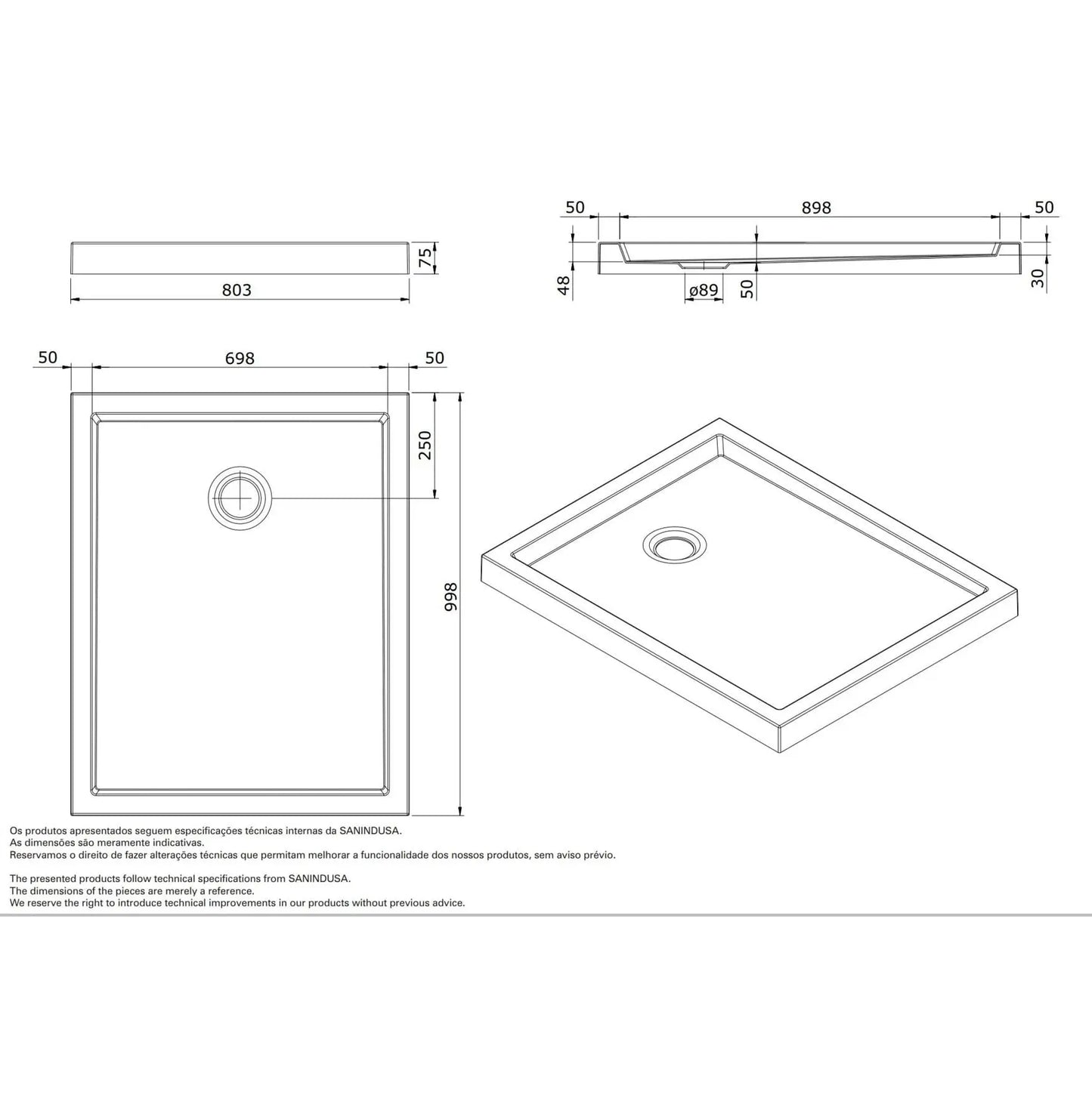 Base de duche PIANO 100x80x7,5 branca lisa | 802380 | Sanindusa SANINDUSA