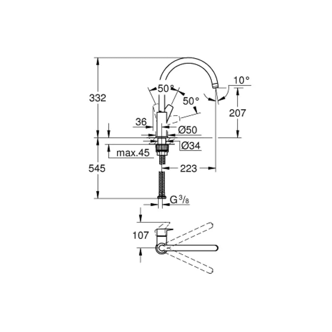 Desenho técnico da Grohe Bauedge Torneira de Cozinha Cromada com a referência 31367001