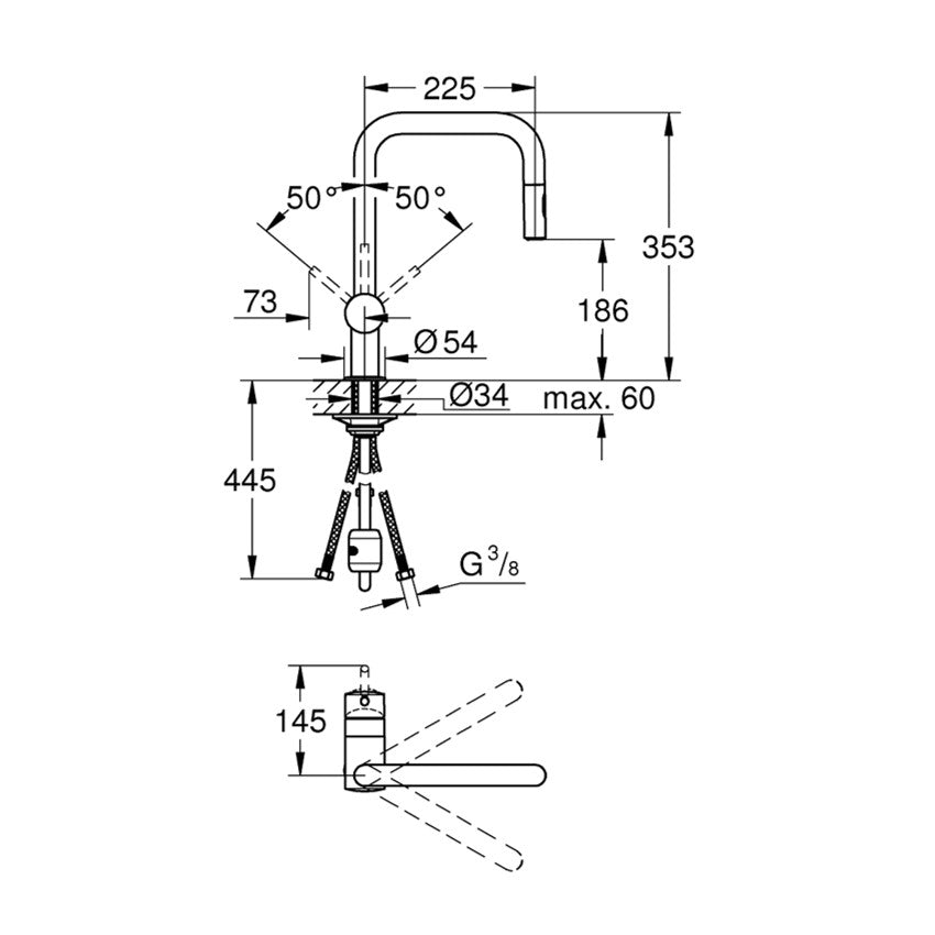 GROHE Desenho Técnico da torneira de cozinha Minta cromada de bica extraível