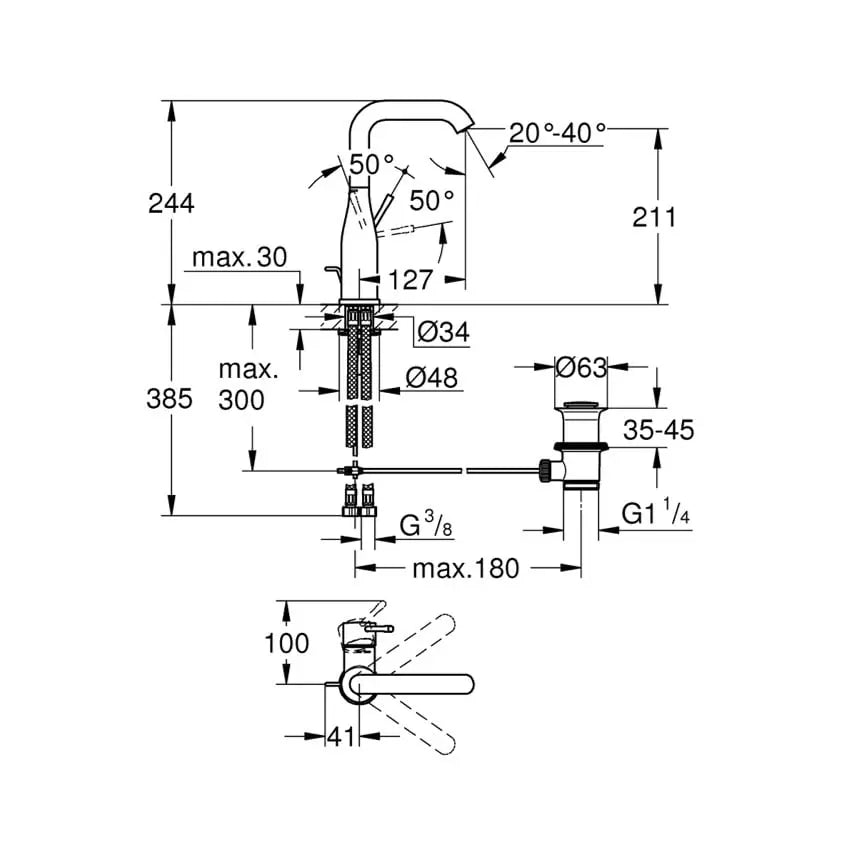 Desenho técnico com as dimensões da torneira Grohe Essence New L: altura 244mm, projeção 127mm e escoamento G1 1/4.