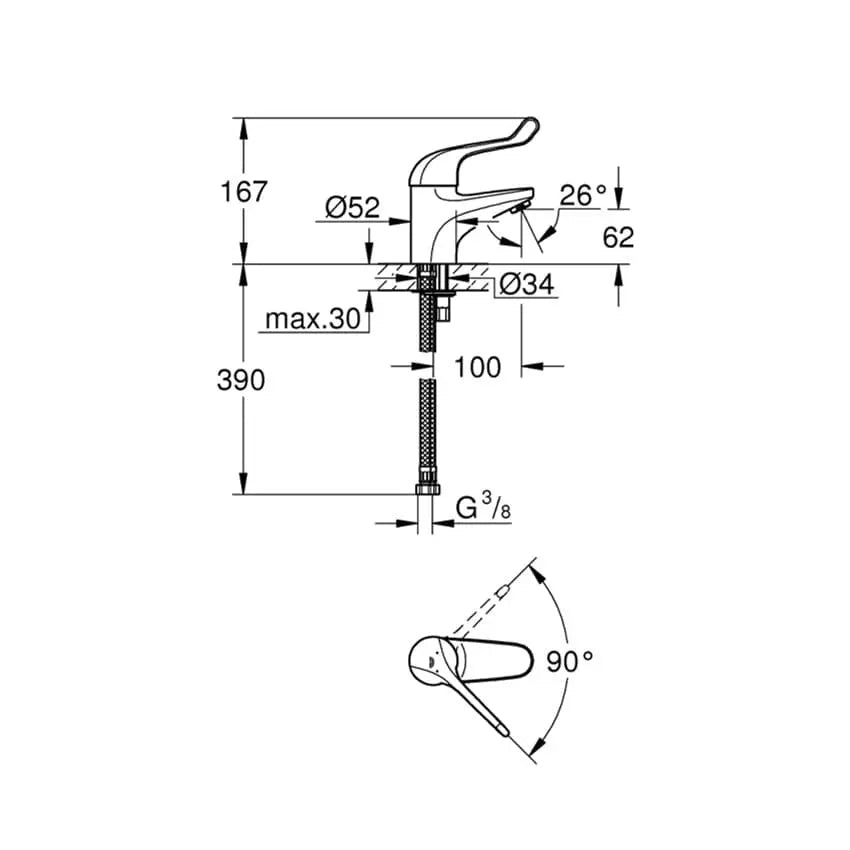 Desenho Técnico da Torneira de Lavatório Euroeco Special cromada da Grohe.