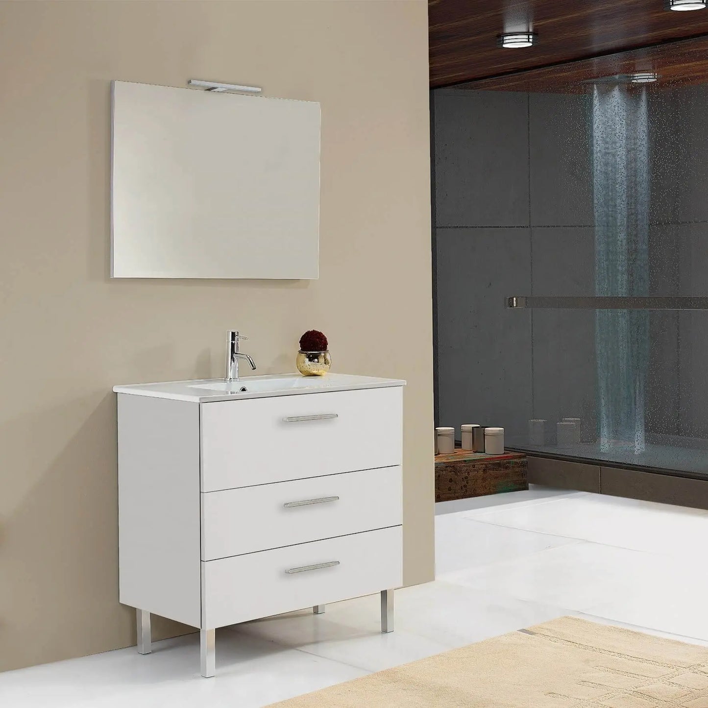 móvel branco com lavatório de 80 cm modelo Porto da Banhoazis disposto num ambiente