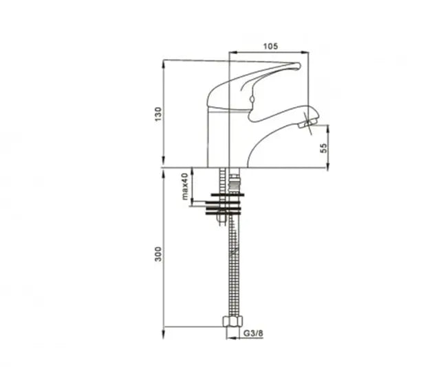 Desenho técnico com as dimensões da torneira de lavatório Oli Snow: altura 130mm, projeção 105mm e ligação G3/8.