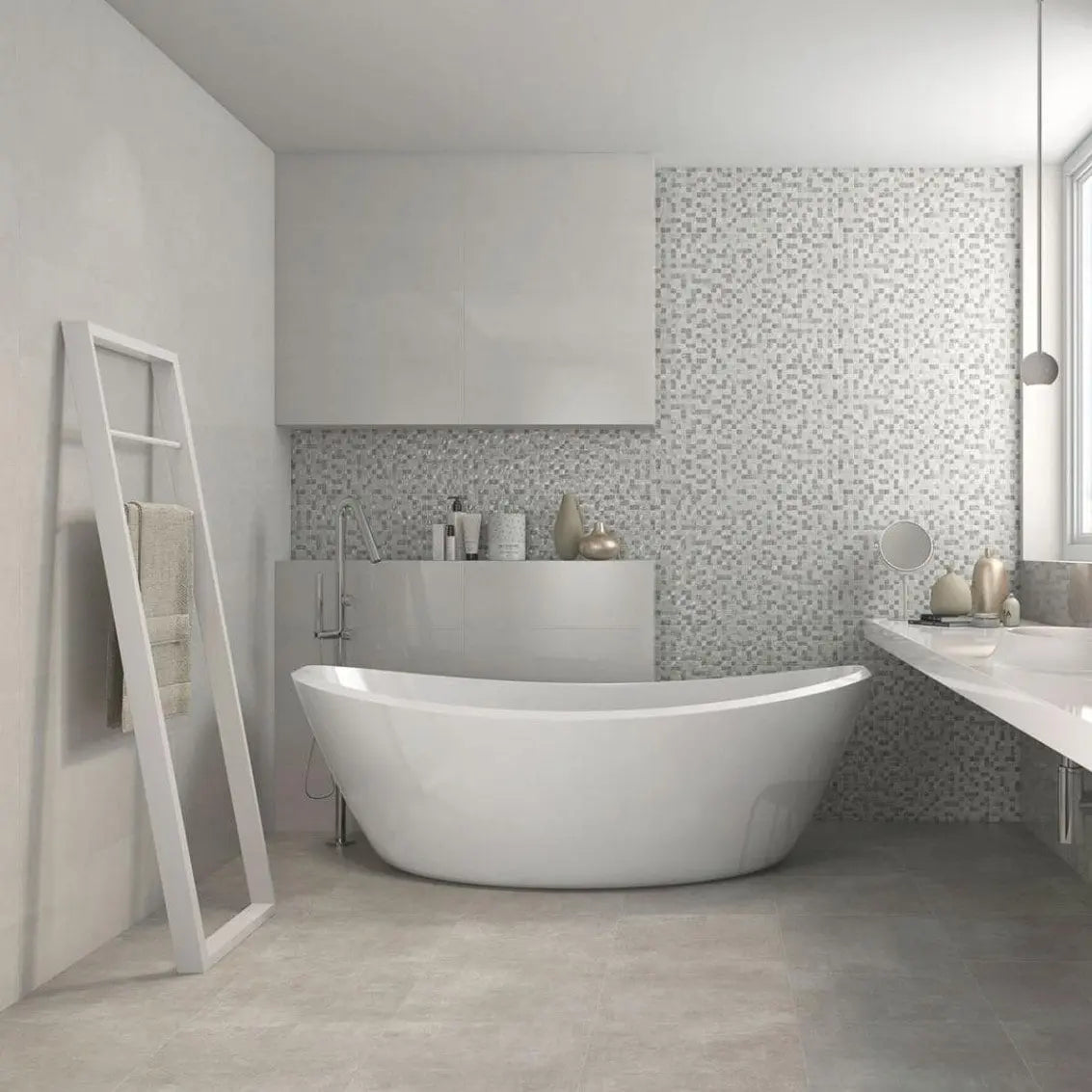 Ambiente com o Revestimento Sigma Cubic perla 25x70 da Pamesa