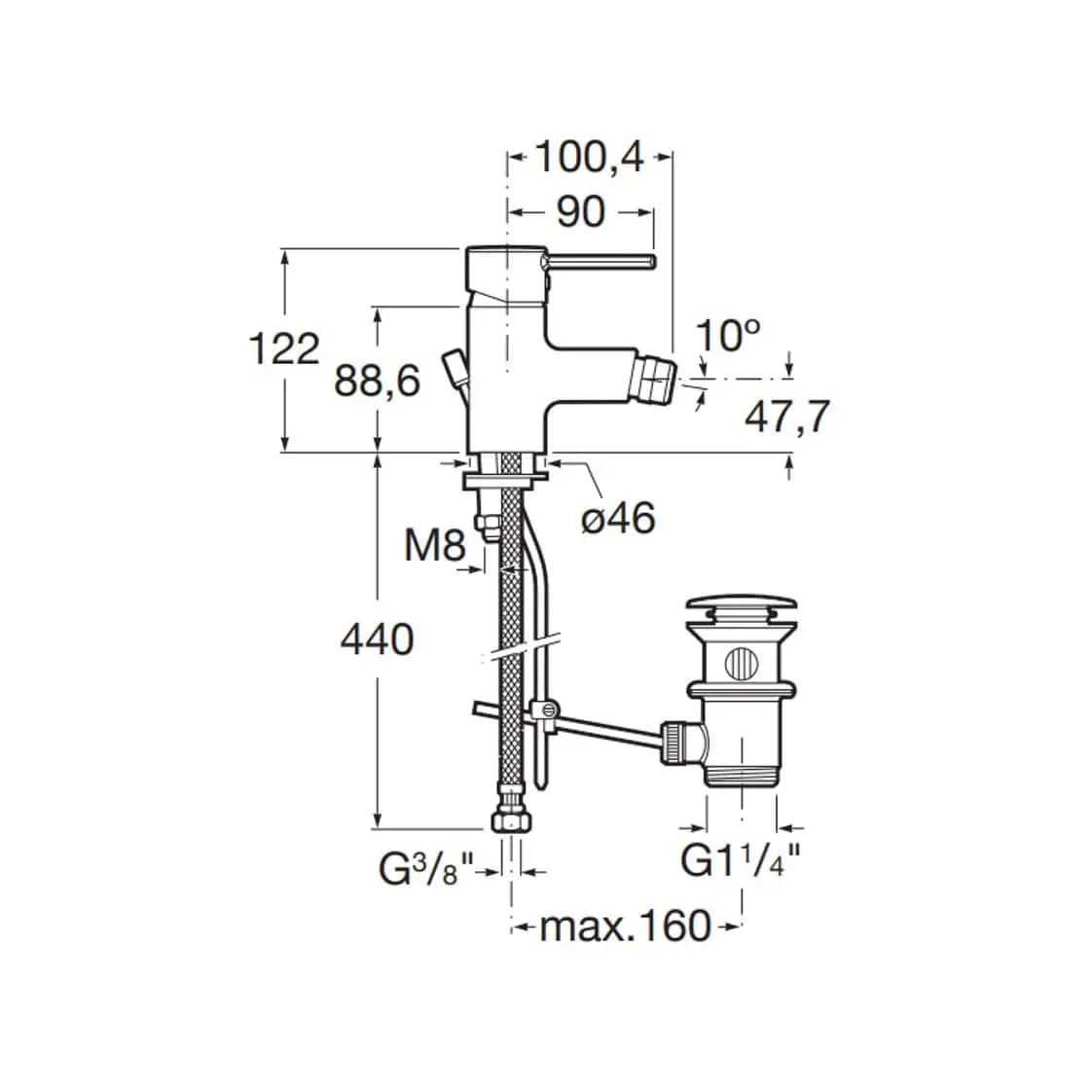 Desenho Técnico da Torneira de Bidé Targa Vda Cromada da Roca.