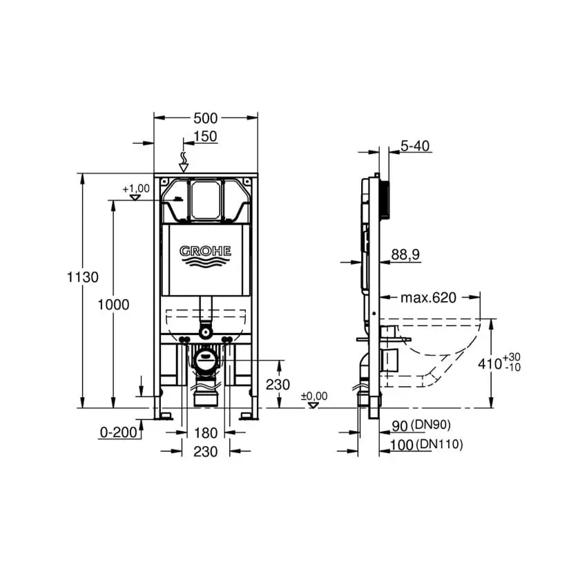 Desenho Técnico do Sistema de Instalação Rapid SL Slim da Grohe.