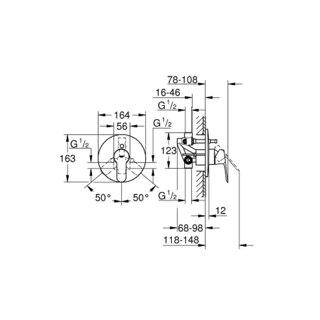 Desenho Técnico da Torneira de Duche Bauedge de Encastrar Cromada da Grohe