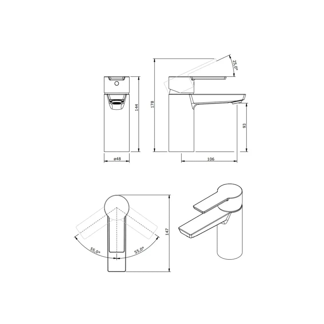 Alt text= 'Desenho técnico com as medidas da torneira de lavatório MASTER 40 da Sanindusa.'