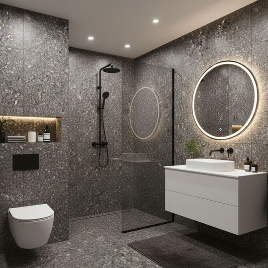 Pavimento Cerâmico Dominó 60x60cm Evostone Gran Black 1a DOMINÓ num ambiente de WC