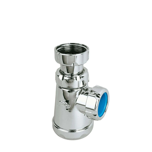 Sifão garrafa cromado Mebra com estrutura compacta e acabamento brilhante para instalação em lavatórios.