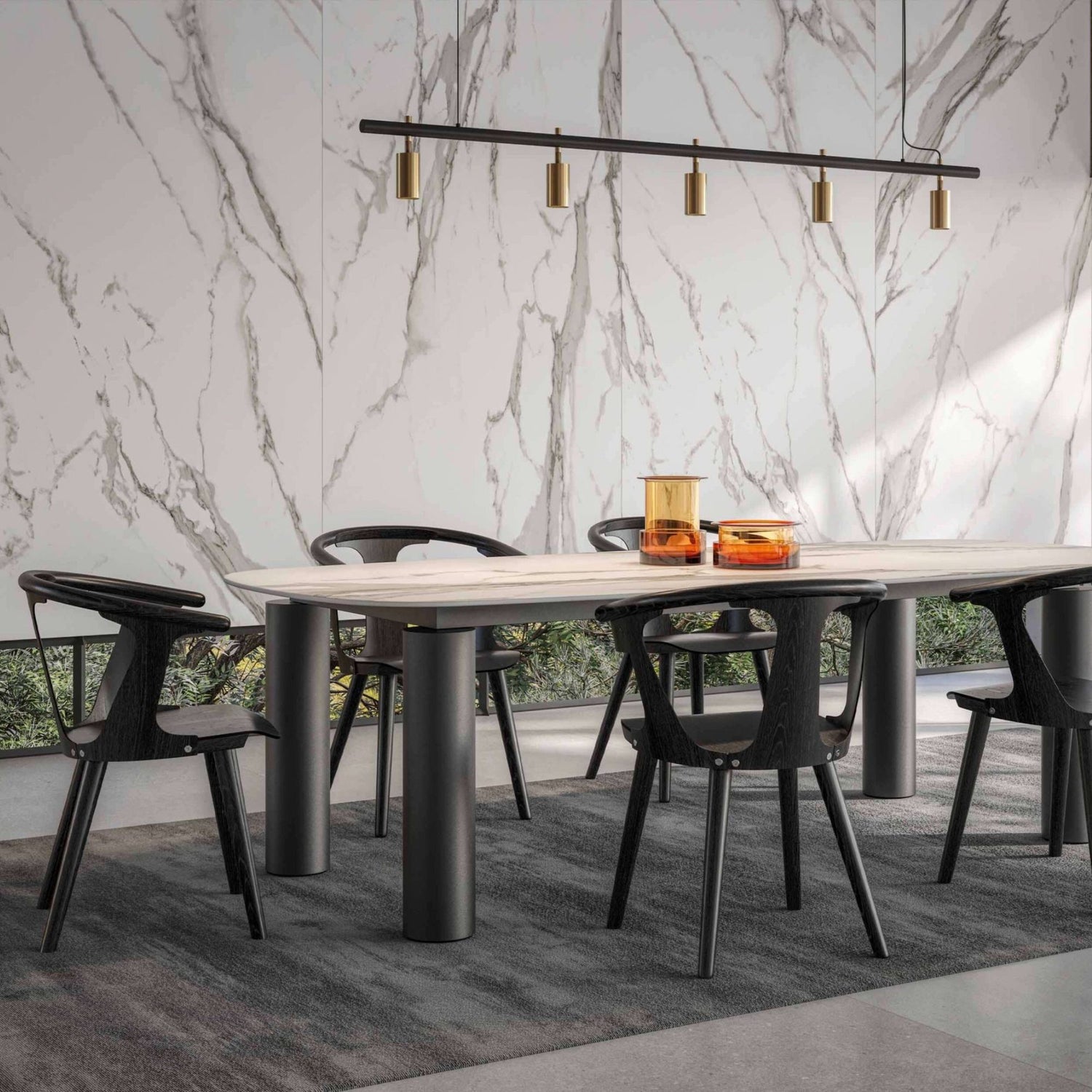 Sala de jantar moderna decorada com pavimento cerâmico Roca Marble Calacatta Light de grande formato.