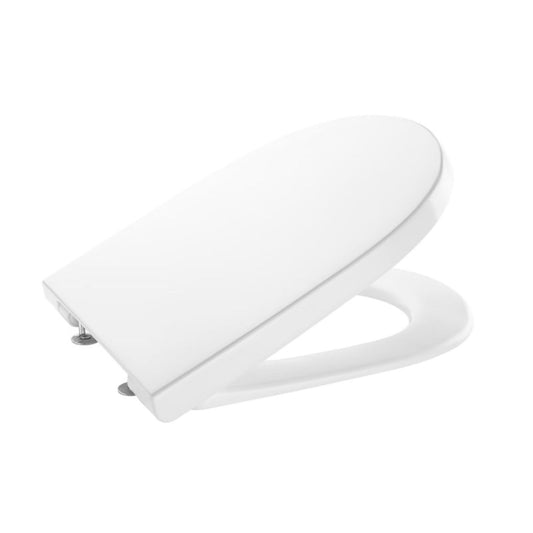 Detalhe do assento e tampa de sanita Roca The Gap Round BTW em branco.