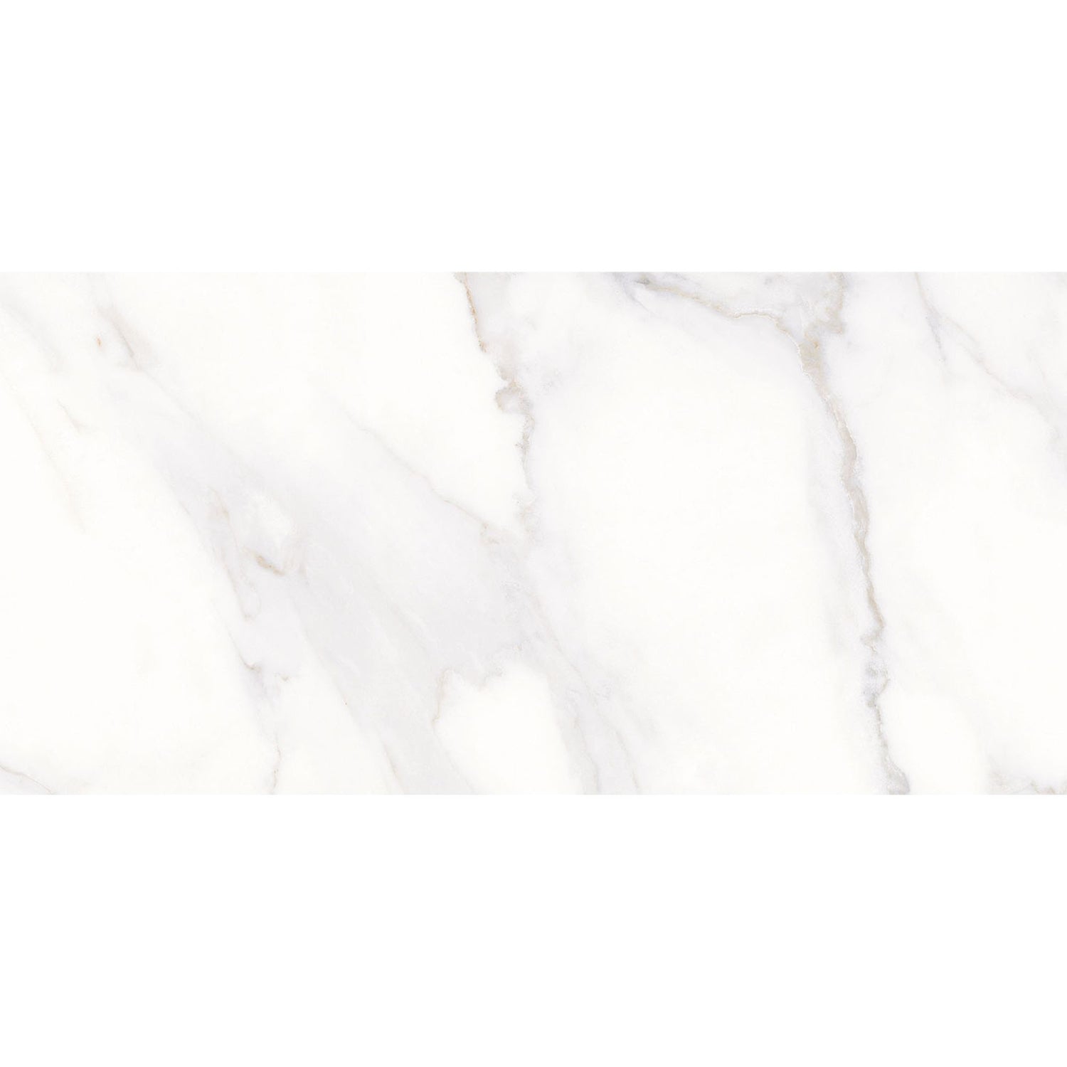 Detalhe do azulejo retangular Bernini Calacatta Oro 30x60 com textura de mármore branco e cinza.