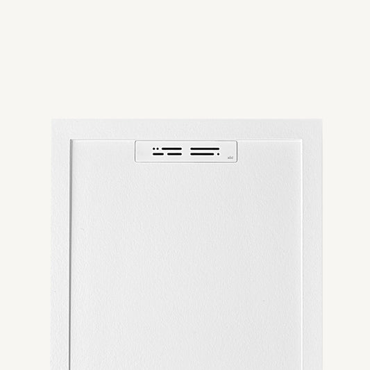 alt='Vista superior da base de chuveiro retangular ASD Planstone Slim, 80x120 cm, em branco com acabamento de textura pedra.'