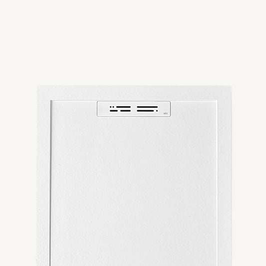 alt='Vista superior da base de chuveiro retangular ASD Planstone Slim, 80x120 cm, em branco com acabamento de textura pedra.'