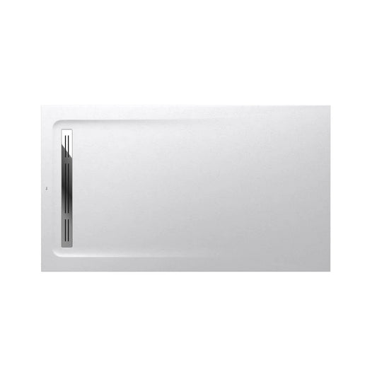 alt='Base de duche extraplana Roca Stonex de 160x90 cm com textura de pedra e grelha de escoamento em aço inoxidável.'