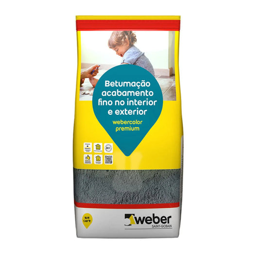 alt='Saco de 5kg do betume Webercolor Premium na cor celeste, para acabamento fino em interiores e exteriores.'