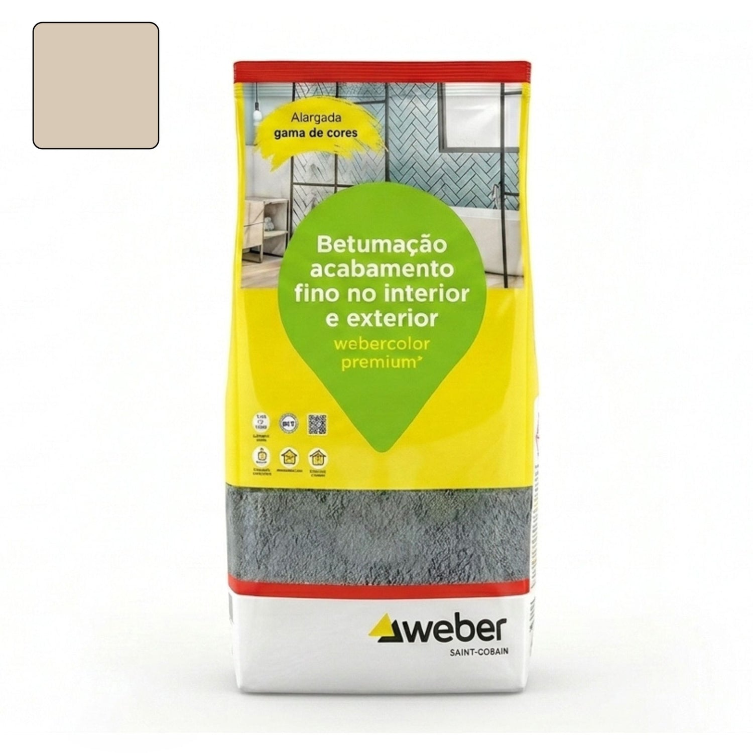 Embalagem de 5kg de betume Webercolor Premium+ Classic na cor cappuccino para acabamento de juntas.