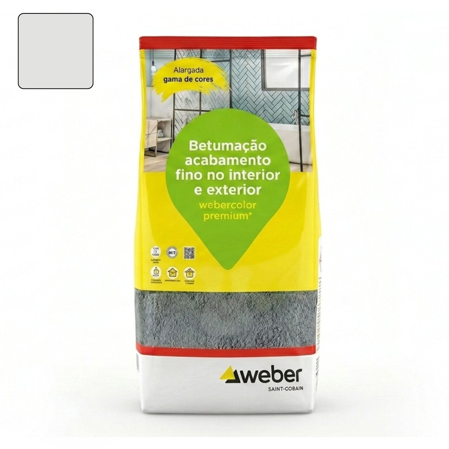 Embalagem de 5kg de betume Webercolor Premium+ Classic na cor jasmim para acabamento de juntas.