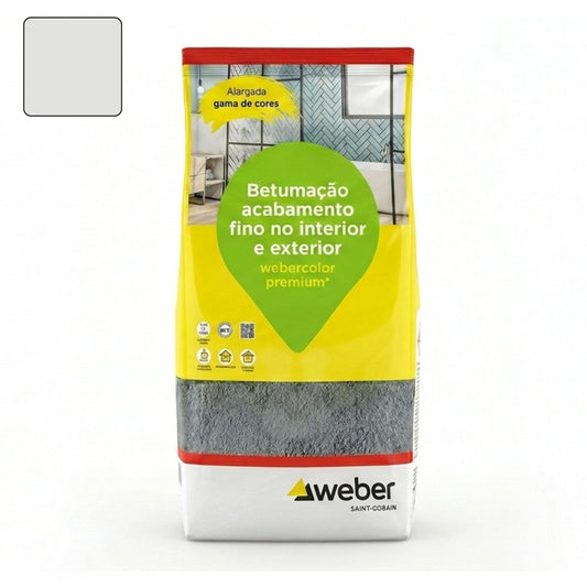 Embalagem de 5kg de betume Webercolor Premium+ Classic na cor jasmim para acabamento de juntas.