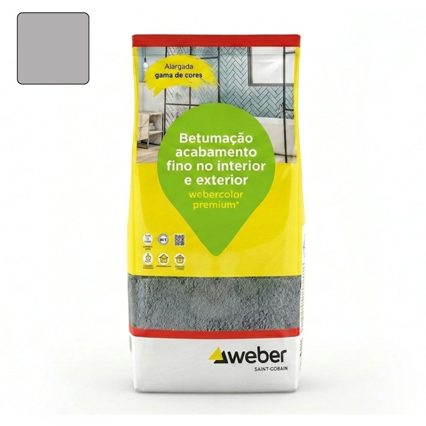 Embalagem de 5kg de betume Webercolor Premium+ Classic na cor metálico para acabamento de juntas.