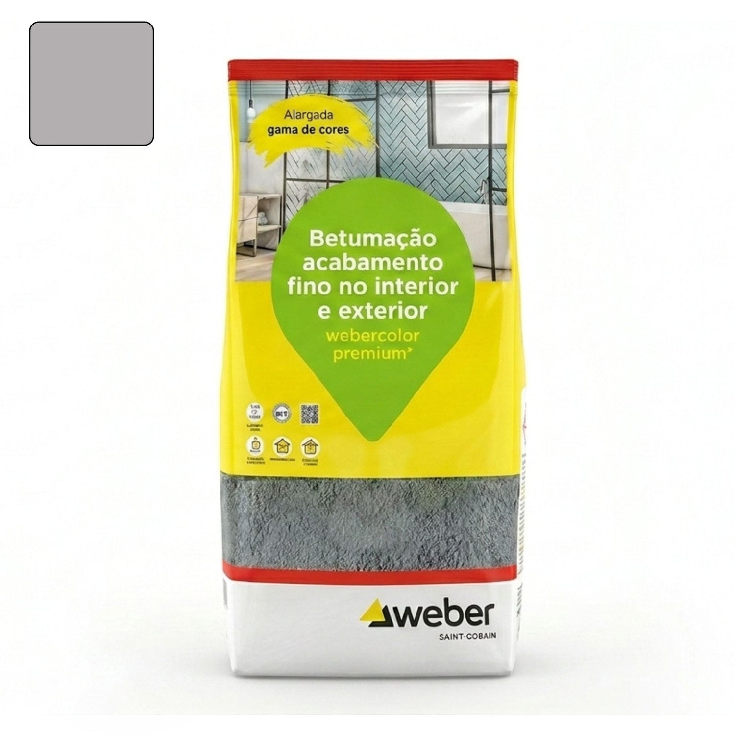 Embalagem de 5kg de betume Webercolor Premium+ Classic na cor metálico para acabamento de juntas.
