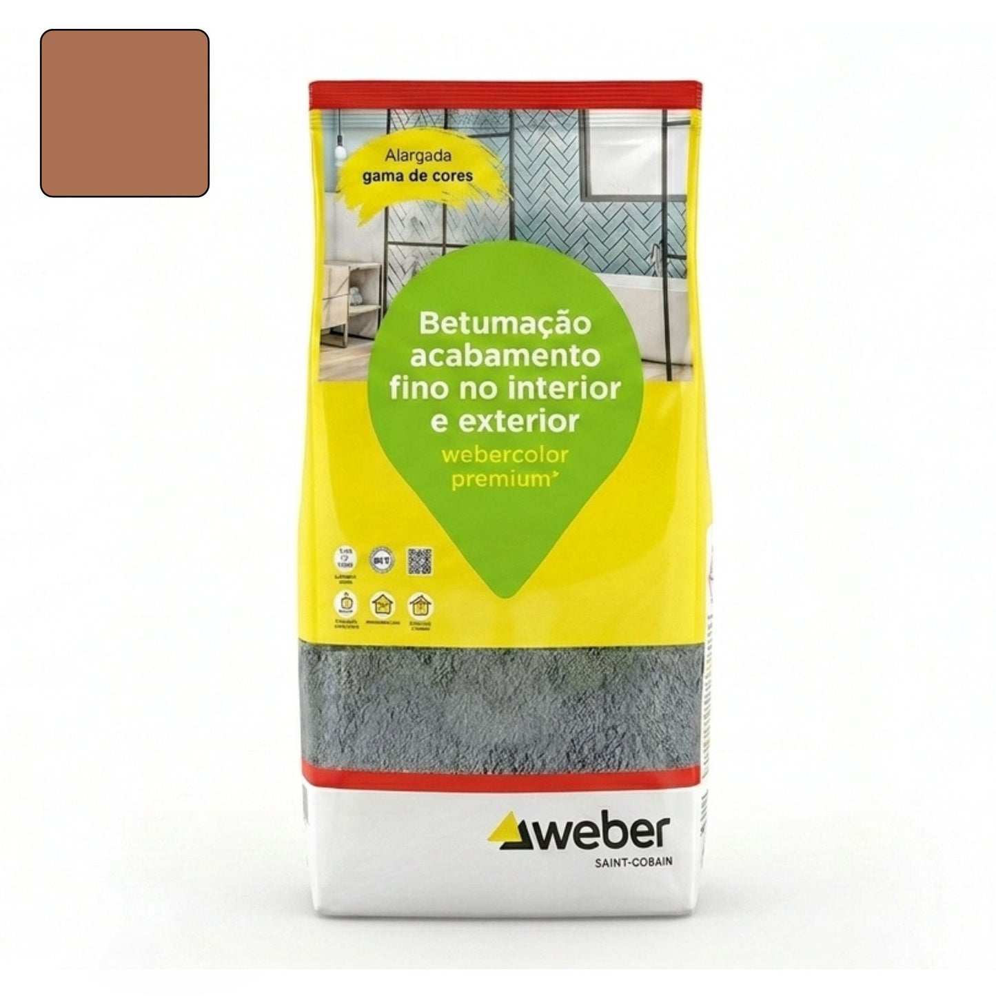 Embalagem de 5kg de betume Webercolor Premium+ Urban na cor cacau para acabamento de juntas.