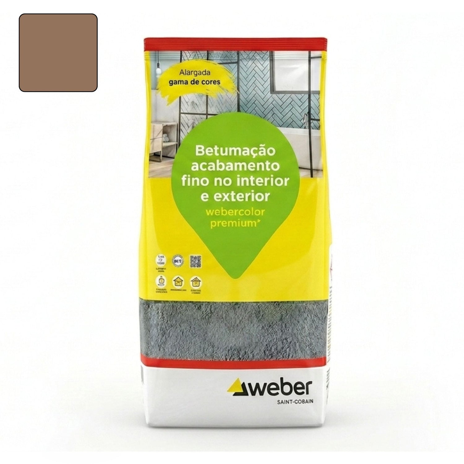 Embalagem de 5kg de betume Webercolor Premium+ Urban na cor castanho para acabamento de juntas.