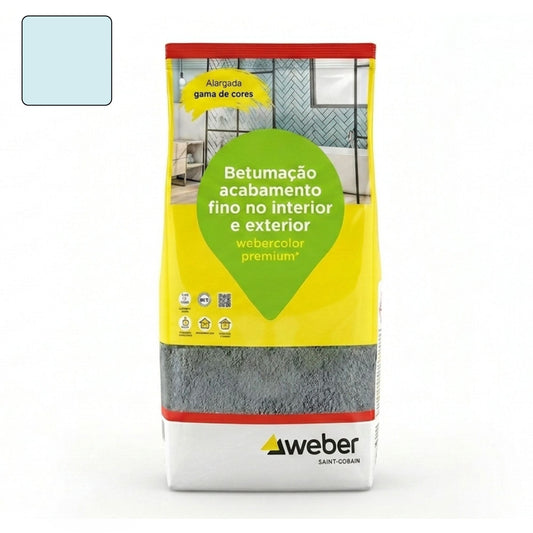 Embalagem de 5kg de betume Webercolor Premium+ na cor Vintage Celeste para acabamento de juntas.