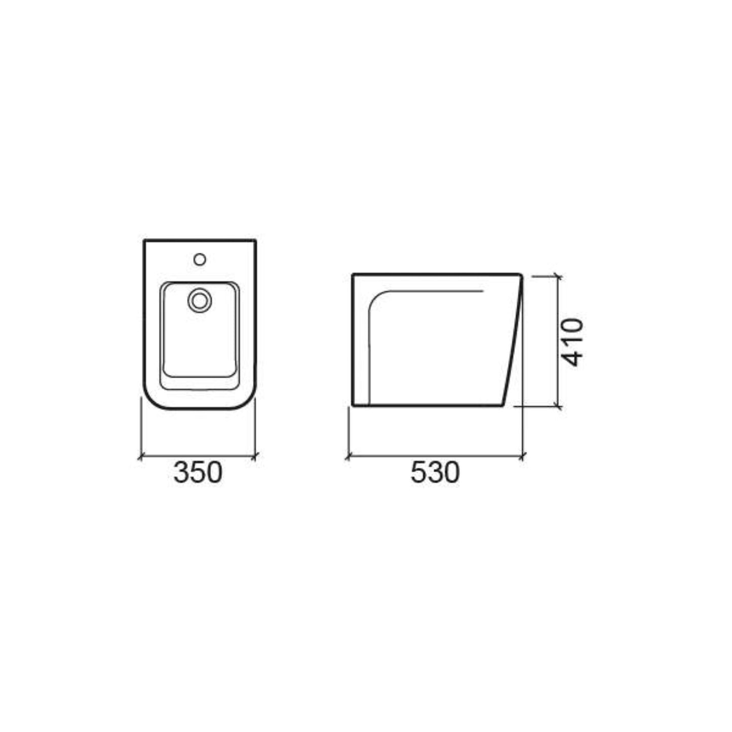 Desenho técnico com medidas 530x350x410mm do bidé Advance de pousar.