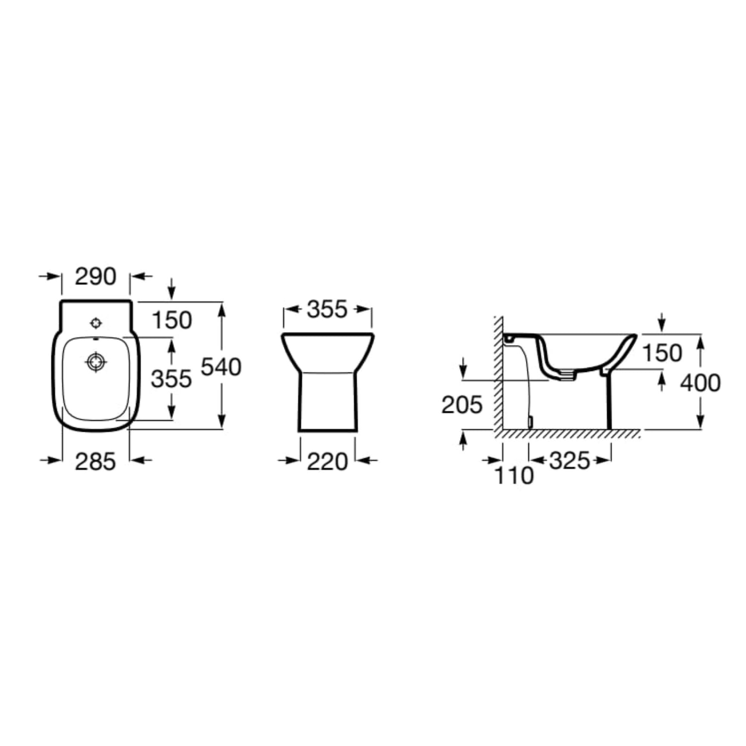 Desenho técnico do bidé Roca Debba com medidas de 540x355x400mm.