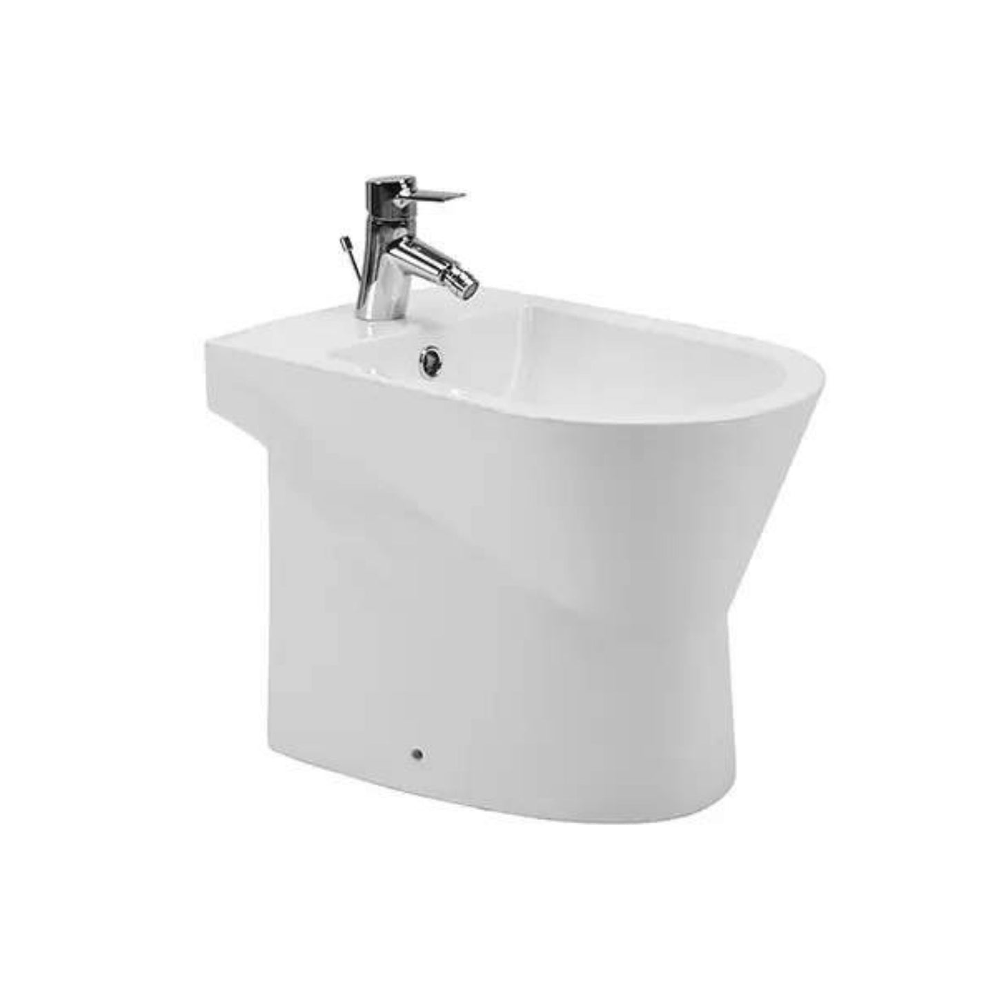 Bidé Sanindusa Urb.Y branco de pousar com design de encosto à parede e torneira cromada.