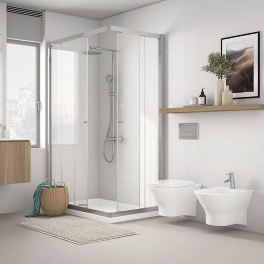 Bidé Sanitana Nexo suspenso branco instalado em casa de banho moderna com sanita e móvel de madeira.