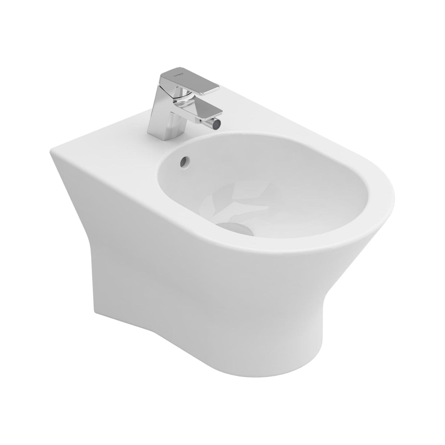 Bidé suspenso em cerâmica branca modelo Sanitana Nexo com detalhe da torneira cromada.