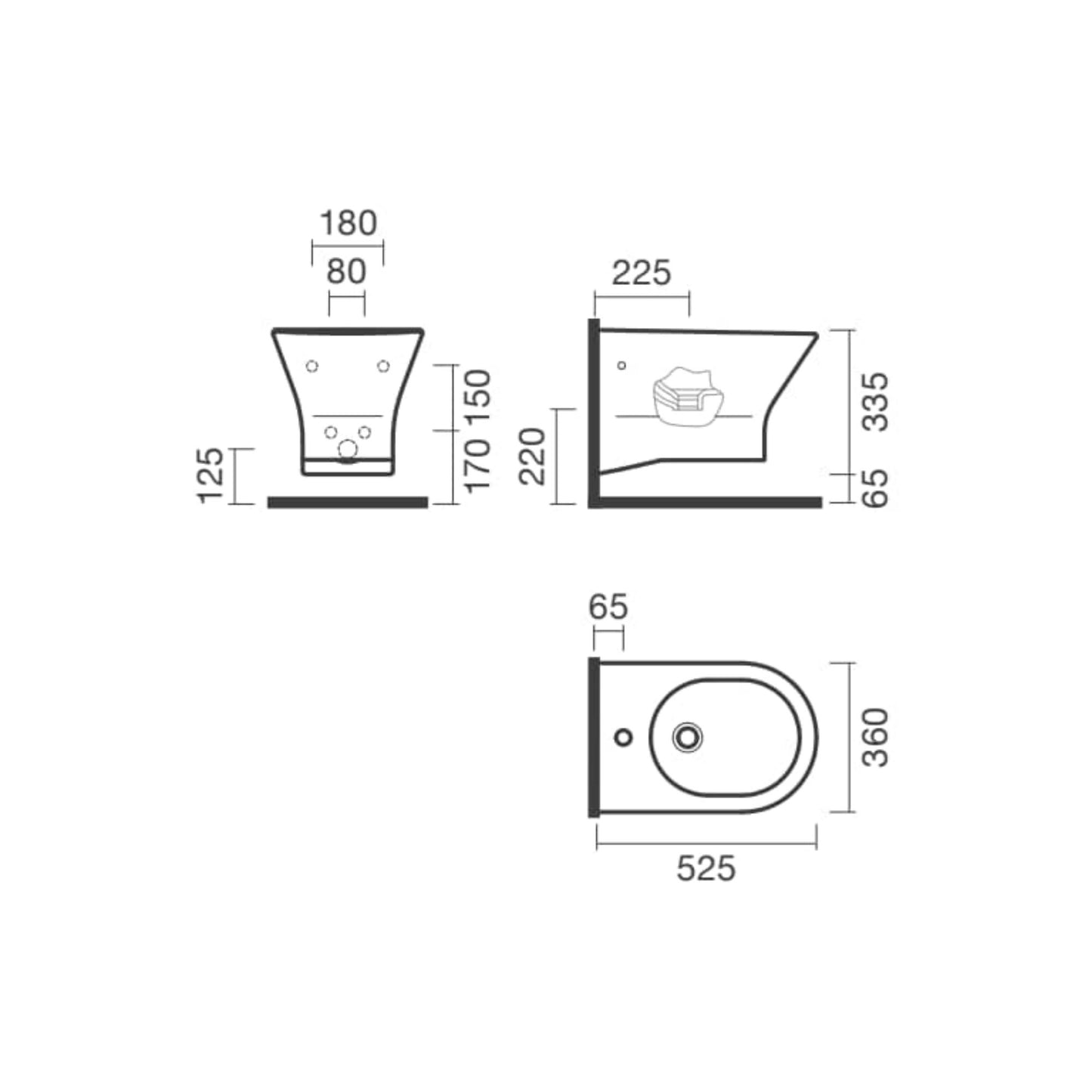 Esquema técnico com dimensões do bidé Sanitana Nexo suspenso apresentando medidas de 525x360mm.