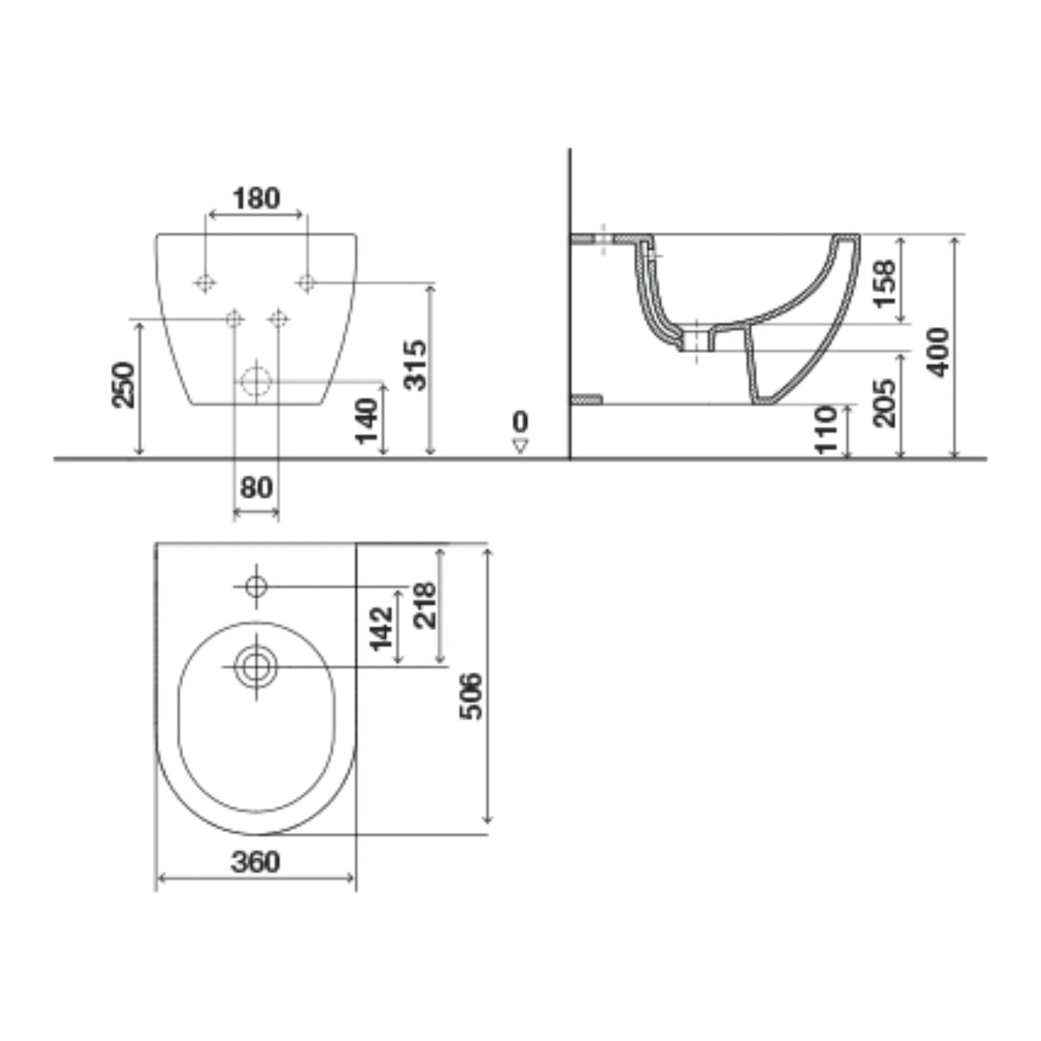 Desenho técnico com as medidas de 506x360mm do bidé suspenso Lake da Oli.