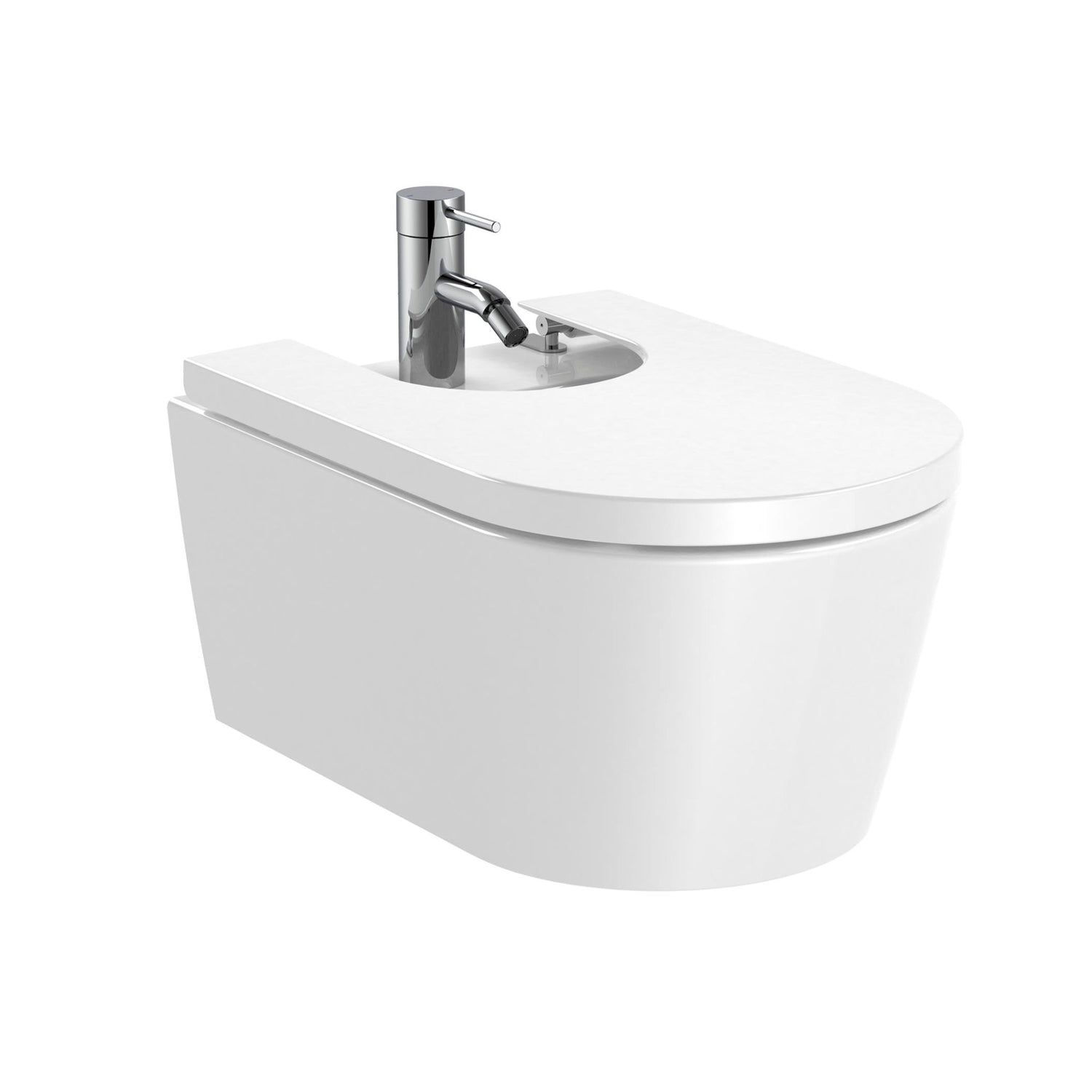 Bidé suspenso modelo Inspira Round da Roca em Fineceramic branco com furo para torneira.