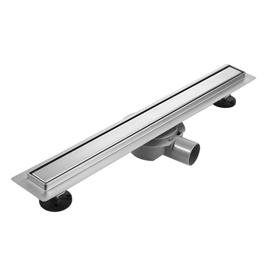 Calha de duche com grelha plana em aço inox e sifão de saída lateral.