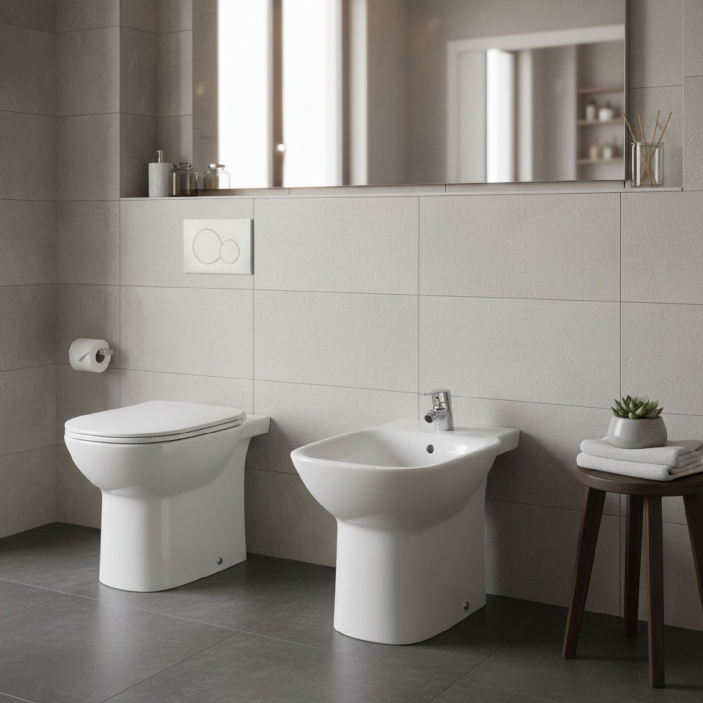 Ambiente de casa de banho com bidé de pousar Roca Debba instalado junto à parede.