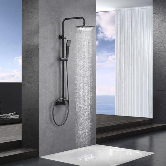 Coluna de duche ART Black Gun Metal instalada em casa de banho moderna com revestimento cinza.