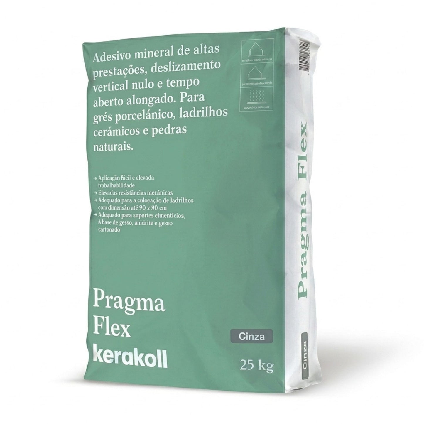 Saco de 25kg de cimento cola flexível Kerakoll Pragma Flex na cor cinza para cerâmica.