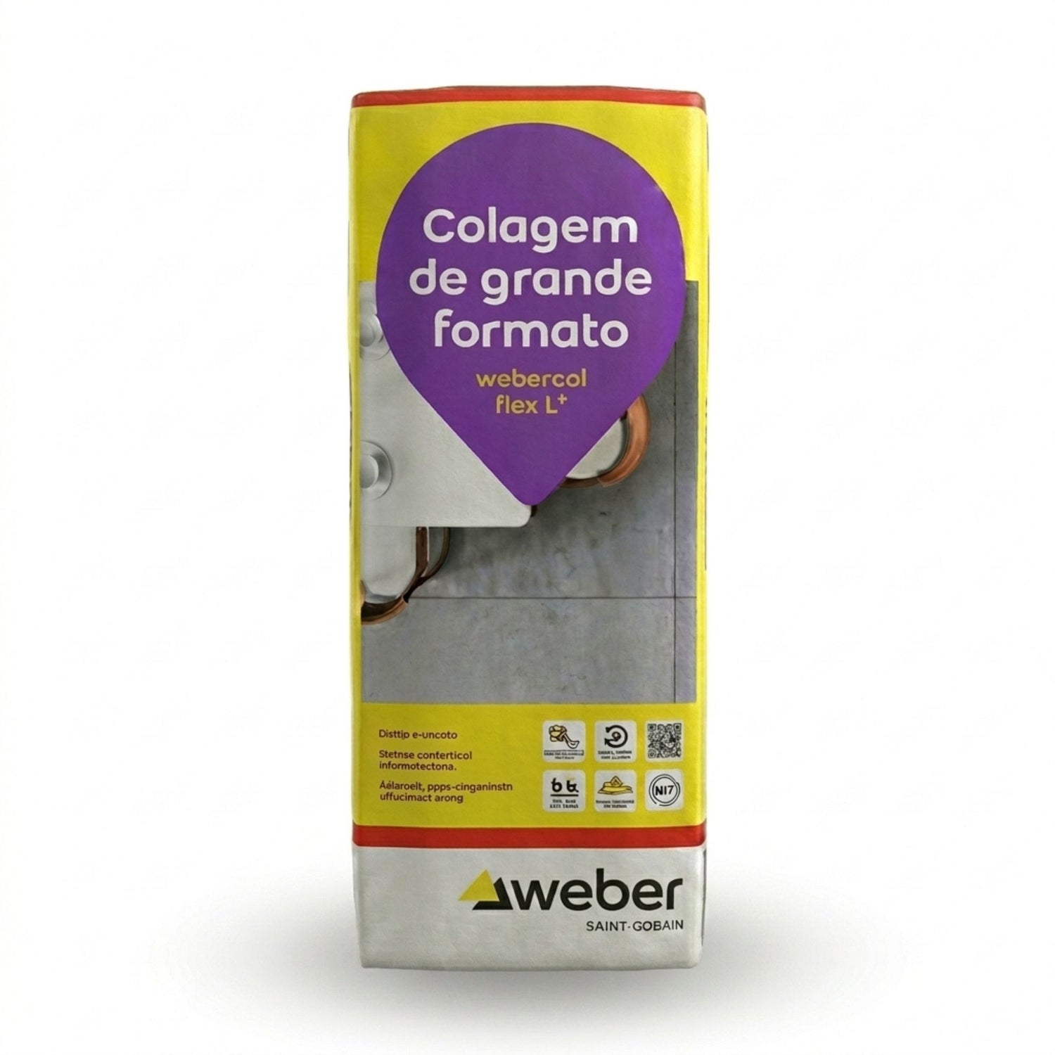 Embalagem de cimento cola Weber Flex L+ Branco de 25kg para colagem de grande formato.