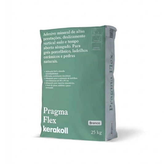 Saco de adesivo mineral Pragma Flex Kerakoll Branco de 25kg para colagem de cerâmica e pedra natural.