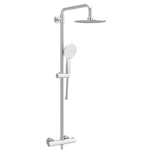 Vista de perfil da coluna de duche termostática Bloom evidenciando o design minimalista e o chuveiro de mão.