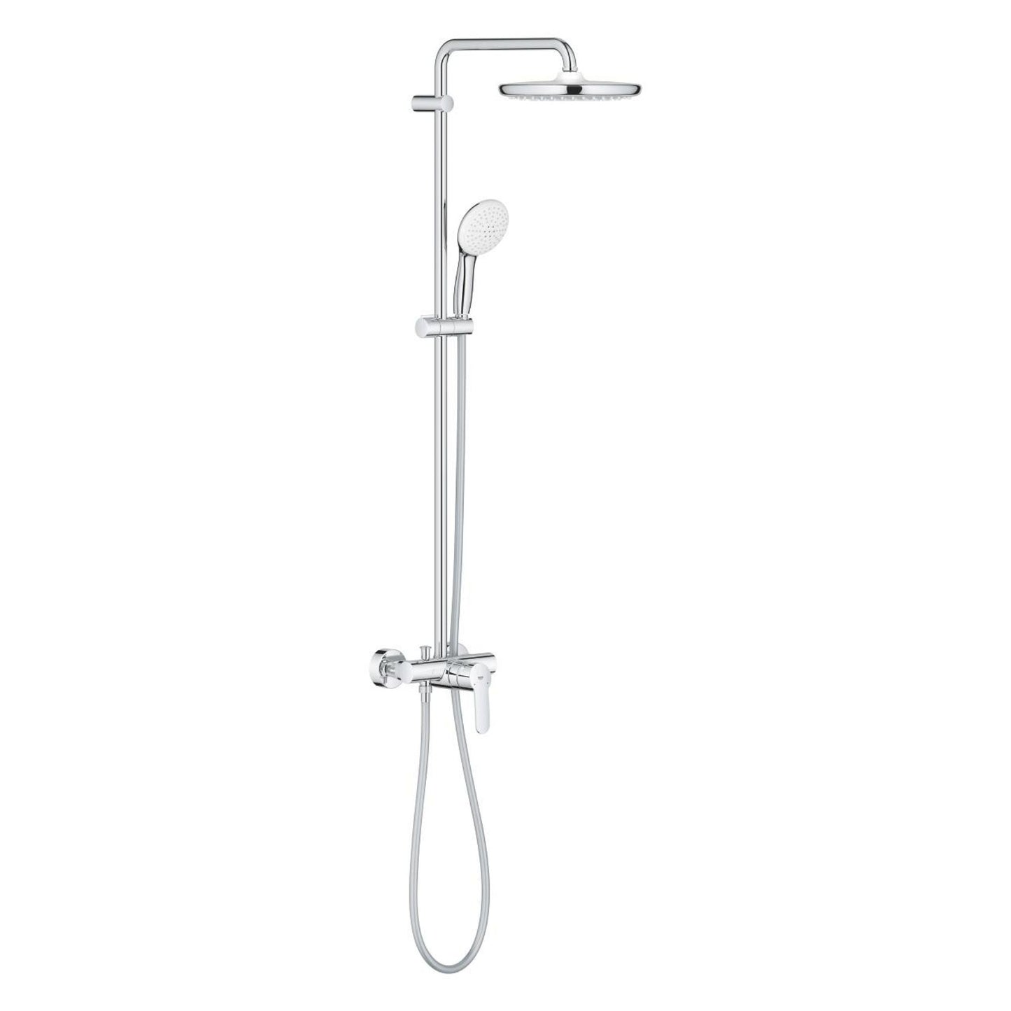 Coluna de duche completa Grohe Tempesta 250 com mangueira flexível e suporte de chuveiro de mão ajustável.