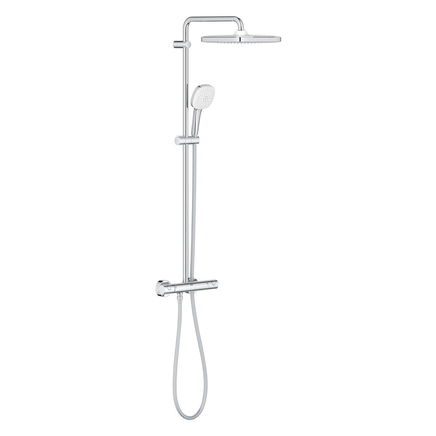 Sistema de duche Grohe Tempesta 250 Cube com misturadora termostática e chuveiro de teto quadrado cromado.