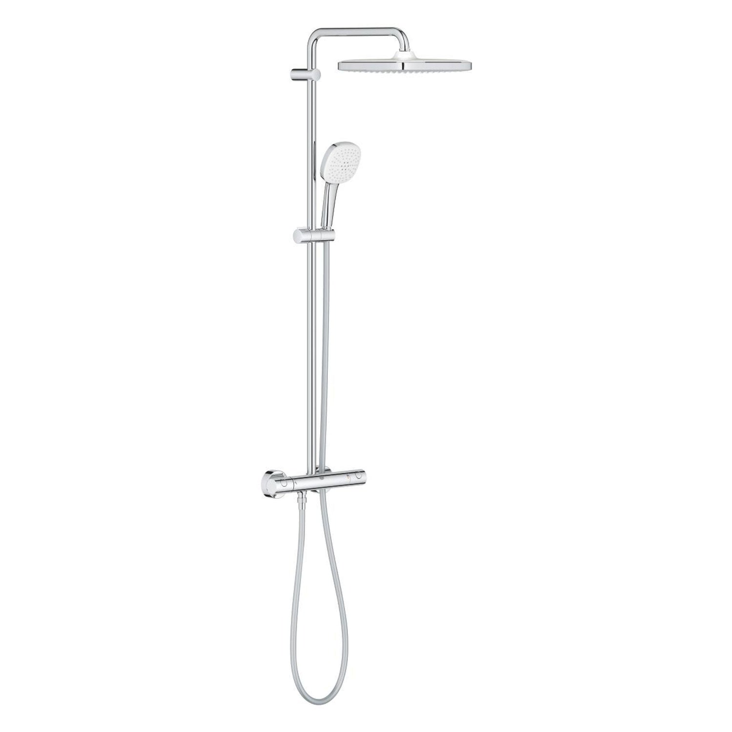 Sistema de duche Grohe Tempesta 250 Cube com misturadora termostática e chuveiro de teto quadrado cromado.