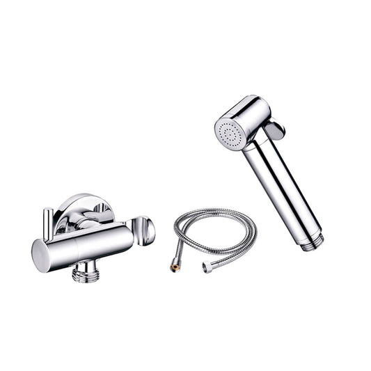 Kit de chuveiro higiénico cromado incluindo bicha flexível, manípulo e corpo de encastrar.