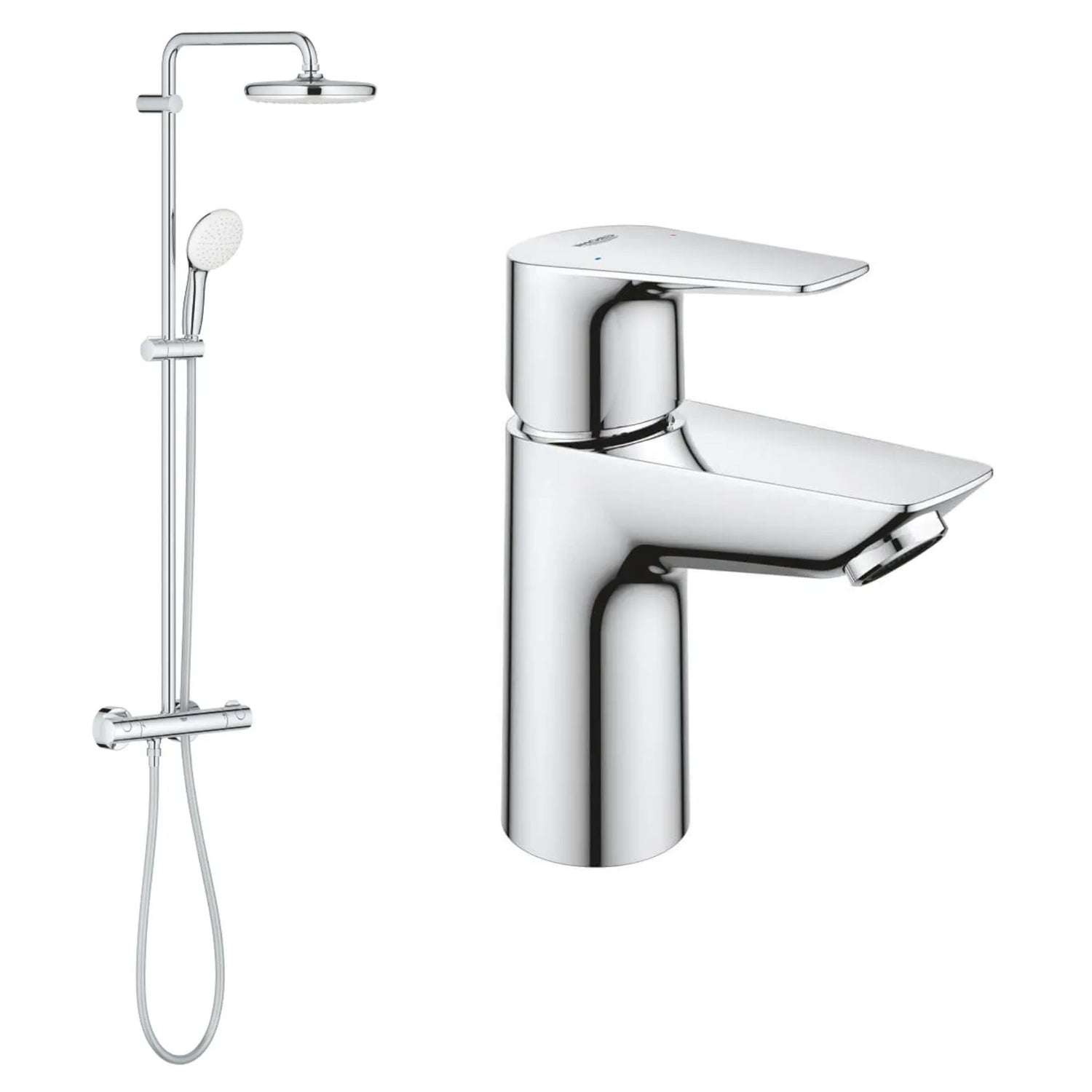 Conjunto Grohe composto por coluna de duche termostática e torneira monocomando de lavatório, ambos em acabamento cromado.