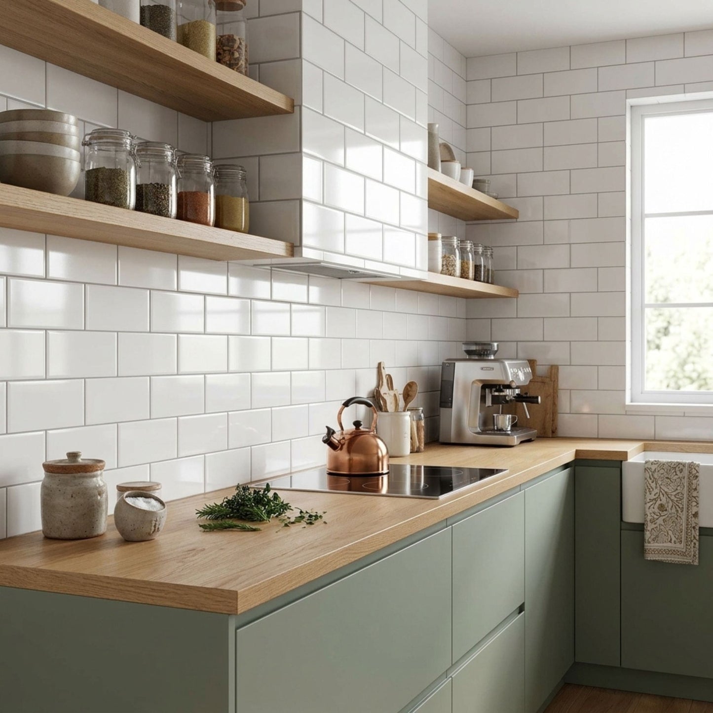 Parede de cozinha moderna revestida com azulejos branco brilho Primus Victoria 20x40cm